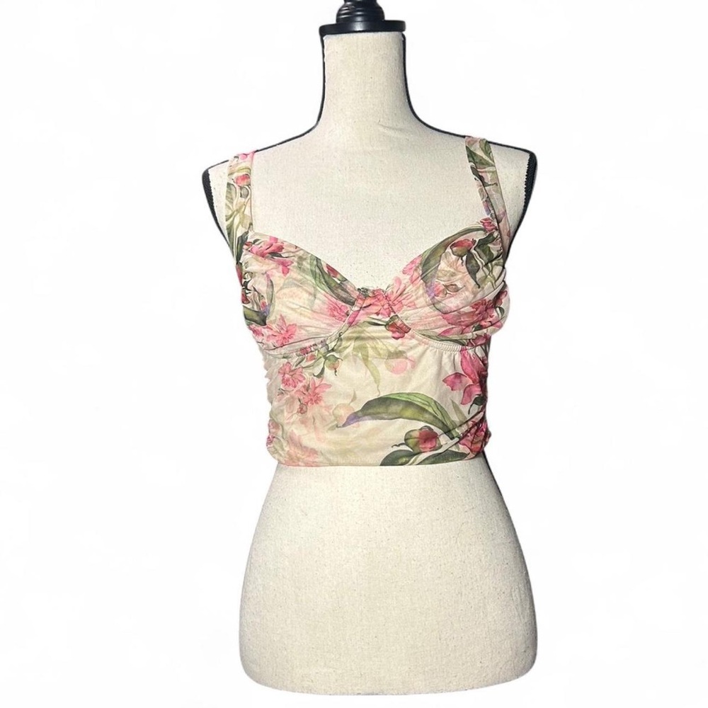 Windsor Cream Pink Floral Cropped Bustier Cami with Green Leaves